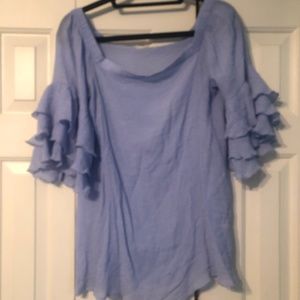 Off the Shoulder Blue Ruffle Shirt